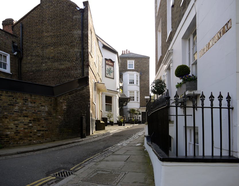 A narrow residential street with a slope, lined by traditional brick and white-painted terraced houses featuring small front gardens, potted plants, and railings; on the left side, a black metal stair